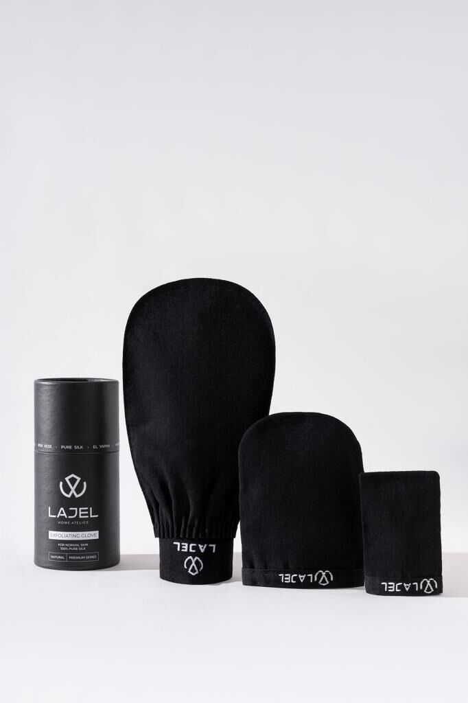 Lajel Premium Siyah 3'lü Kese Seti, Peeling Eldiveni, Yüz Kesesi Floş Ipek Normal,orta,hassas Ciltler
