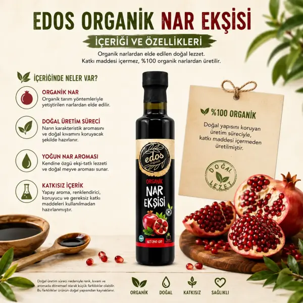 Edos Organik Nar Ekşisi 340 gr içindekiler listesi ve kullanım bilgisi