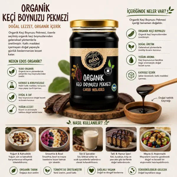 Edos Organik Keçiboynuzu Pekmezi 380 gr içindekiler listesi ve kullanım bilgisi
