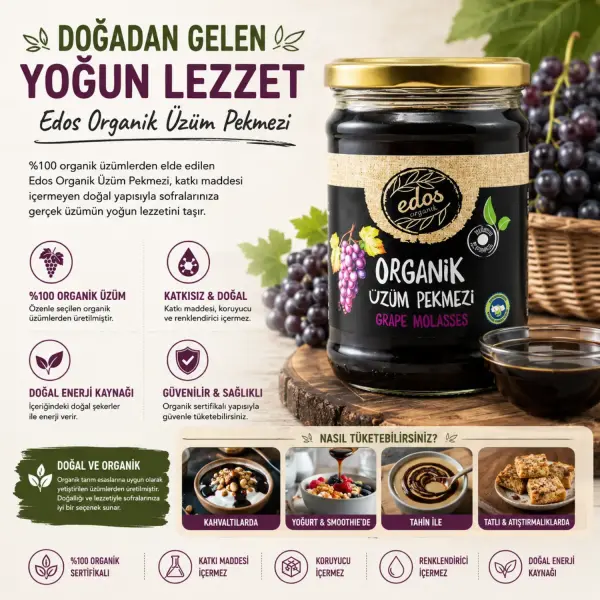 Edos Organik Üzüm Pekmezi 380 gr içindekiler listesi ve kullanım bilgisi