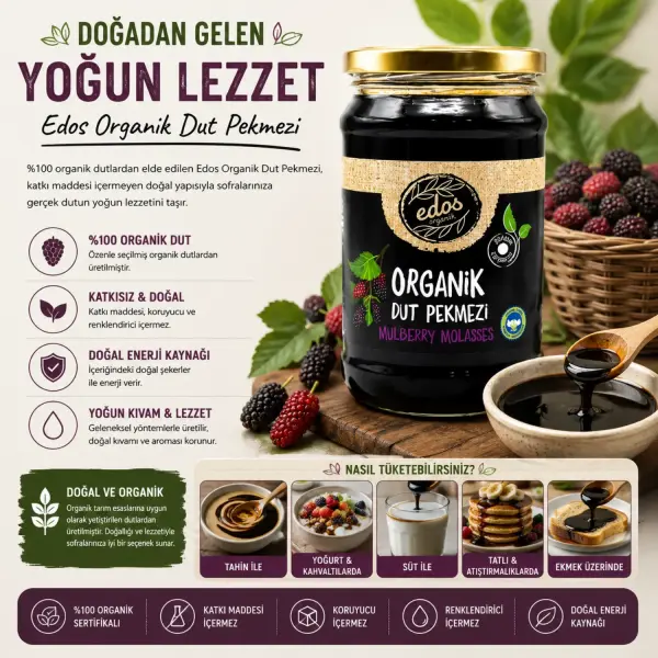Edos Organik Dut Pekmezi 380 gr içindekiler listesi ve kullanım bilgisi