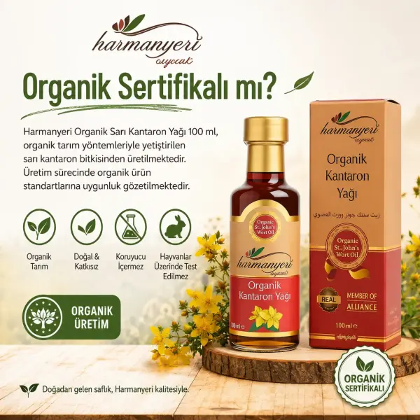 Harmanyeri Organik Sarı Kantaron Yağı 100 ml sertifika ve içerik bilgisi
