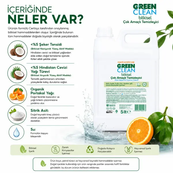 U Green Clean Bitkisel Çok Amaçlı Yağ Çözücü 5 L içindekiler listesi ve kullanım bilgisi