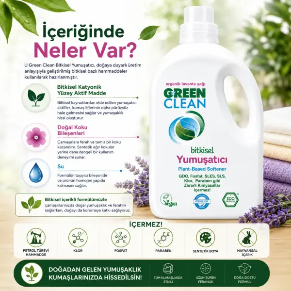 U Green Clean Bitkisel Çamaşır Yumuşatıcı 2,75 L içindekiler listesi ve kullanım bilgisi