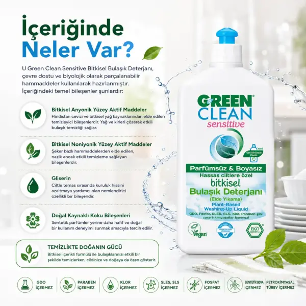 U Green Clean Sensitive Bitkisel Bulaşık Deterjanı 500 ml içindekiler listesi ve kullanım bilgisi