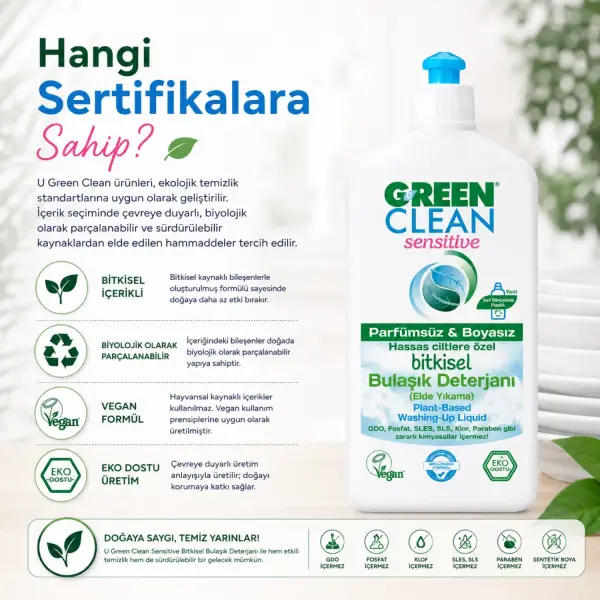 U Green Clean Sensitive Bitkisel Bulaşık Deterjanı 500 ml sertifika ve içerik bilgisi