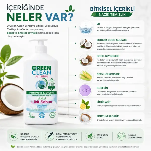 U Green Clean Sensitive Bitkisel Likit Sabun 500 ml içindekiler listesi ve kullanım bilgisi