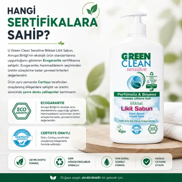 U Green Clean Sensitive Bitkisel Likit Sabun 500 ml sertifika ve içerik bilgisi