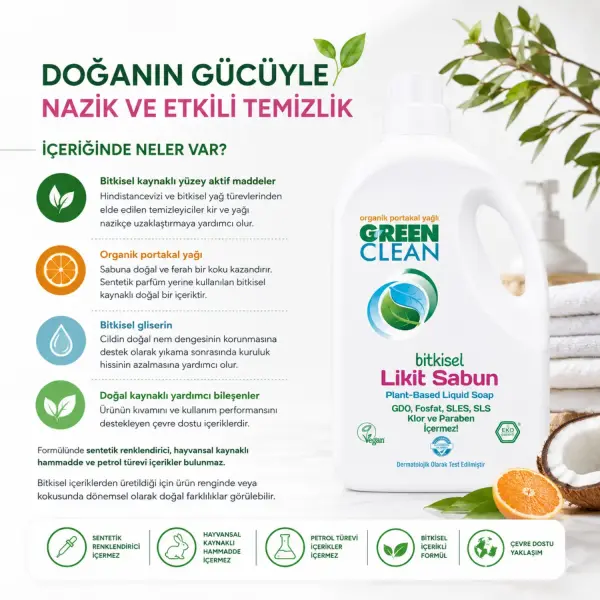 U Green Clean Bitkisel Likit Sabun Organik Portakal Yağlı 2,75 L içindekiler listesi ve kullanım bilgisi