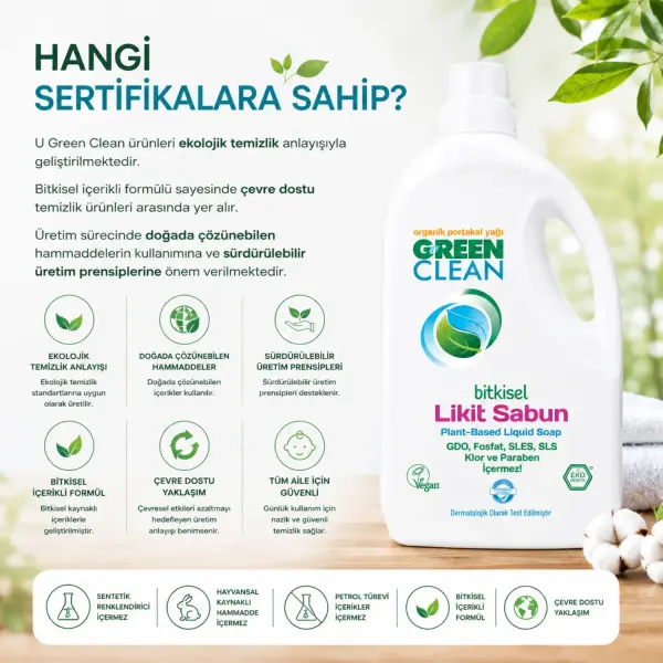 U Green Clean Bitkisel Likit Sabun Organik Portakal Yağlı 2,75 L sertifika ve içerik bilgisi