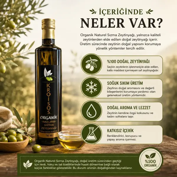 Kroisos Organik Soğuk Sıkım Sızma Zeytinyağı 750 ML ambalaj görseli