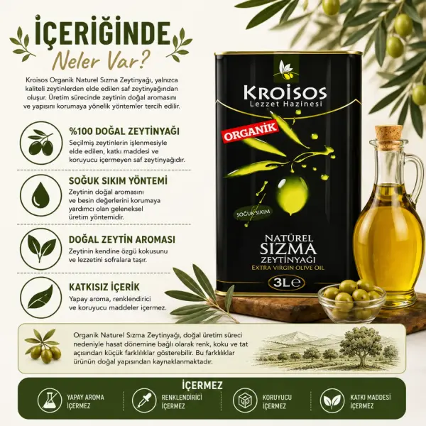 Kroisos Organik Naturel Sızma Zeytinyağı 3 LT içindekiler listesi ve kullanım bilgisi