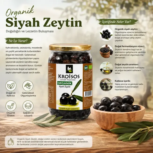 Kroisos Organik Siyah Zeytin (Gemlik Yağlı Salamura) 700 GR içindekiler listesi ve kullanım bilgisi