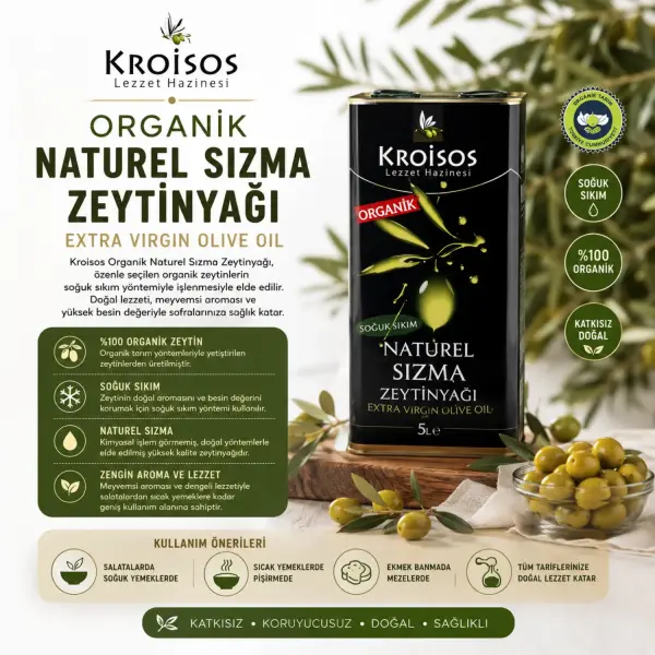 Kroisos Soğuk Sıkım Organik Naturel Sızma Zeytinyağı 5 LT içindekiler listesi ve kullanım bilgisi