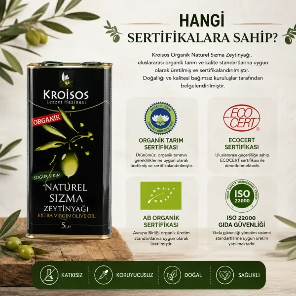 Kroisos Soğuk Sıkım Organik Naturel Sızma Zeytinyağı 5 LT sertifika ve içerik bilgisi
