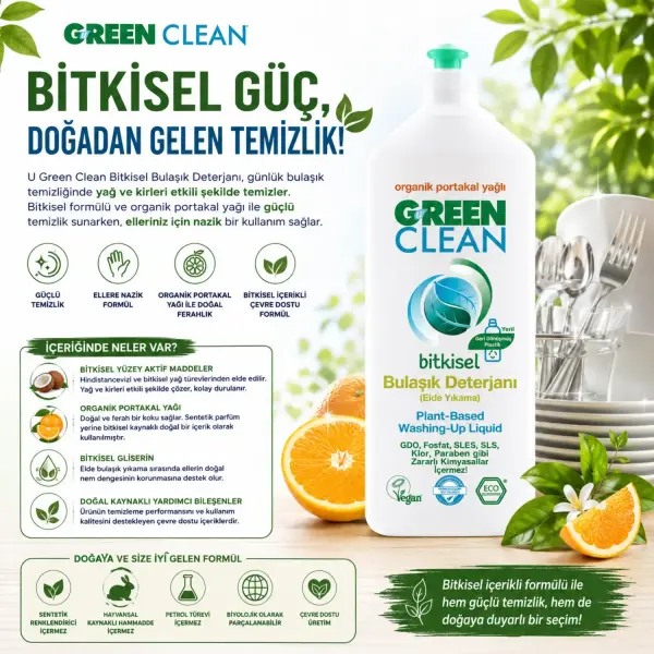 U Green Clean Bitkisel Bulaşık Deterjanı Elde Yıkama Organik Portakal Yağlı 730 ml ürün görseli