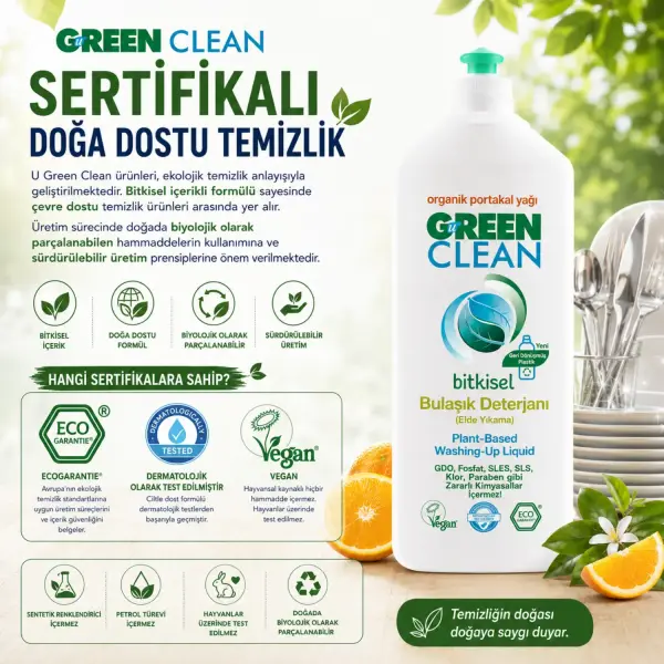 U Green Clean Bitkisel Bulaşık Deterjanı Elde Yıkama Organik Portakal Yağlı 730 ml sertifika ve içerik bilgisi