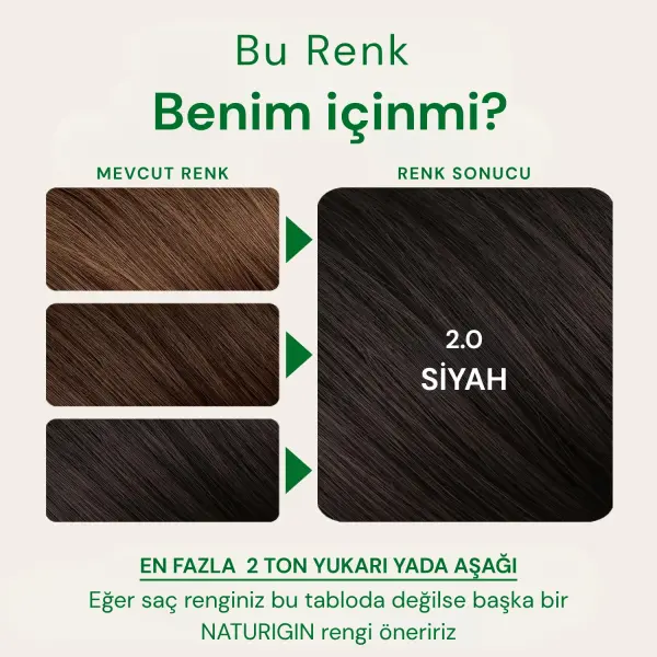 Naturigin 2.0 Siyah renk tablosu: kahve ve koyu saçlarda tam siyah sonuç
