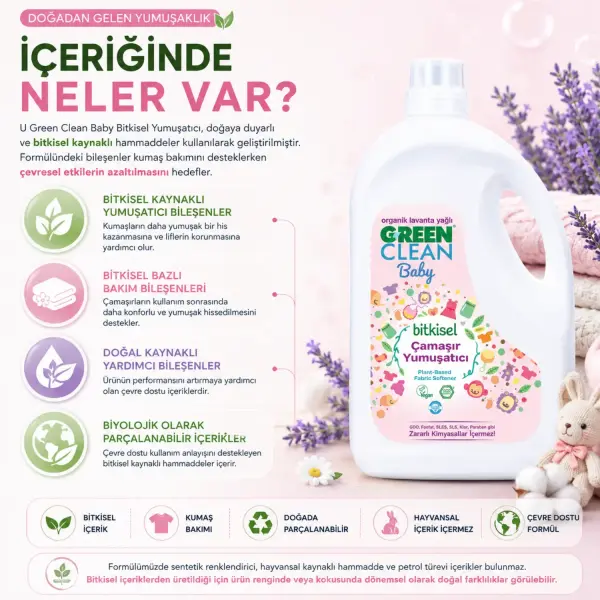 U Green Clean Baby Bitkisel Çamaşır Yumuşatıcı 2,75 L içindekiler listesi ve kullanım bilgisi
