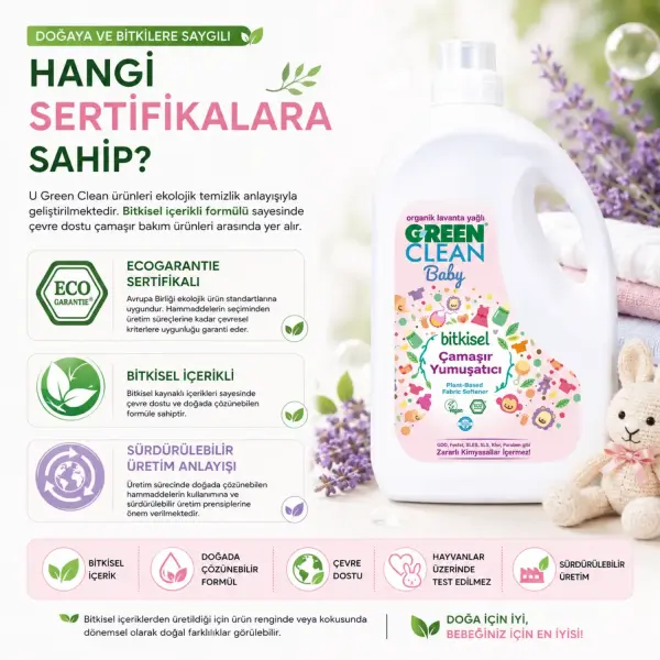 U Green Clean Baby Bitkisel Çamaşır Yumuşatıcı 2,75 L sertifika ve içerik bilgisi