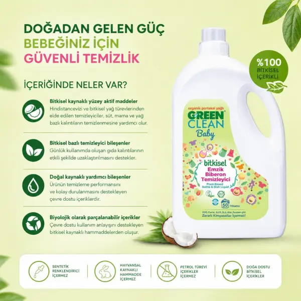 U Green Clean Baby Bitkisel Emzik ve Biberon Temizleyici 2,75 L içindekiler listesi ve kullanım bilgisi