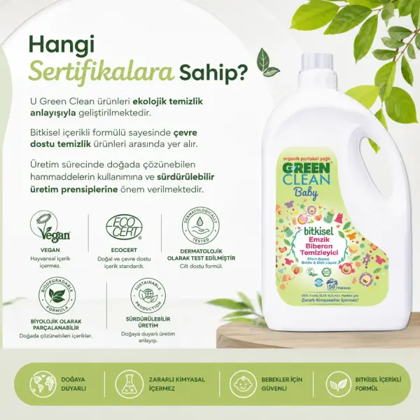 U Green Clean Baby Bitkisel Emzik ve Biberon Temizleyici 2,75 L sertifika ve içerik bilgisi