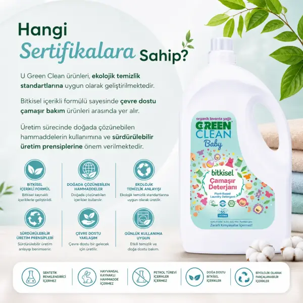 U Green Clean Baby Bitkisel Çamaşır Deterjanı 2,75 L sertifika ve içerik bilgisi
