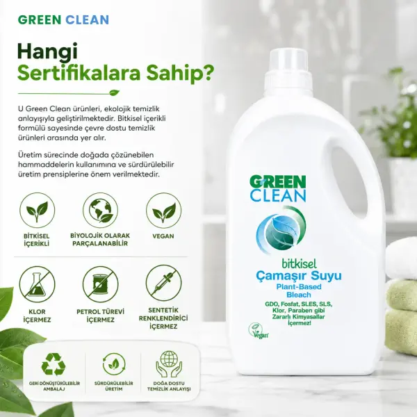 U Green Clean Bitkisel Çamaşır Suyu 2,75 L sertifika ve içerik bilgisi