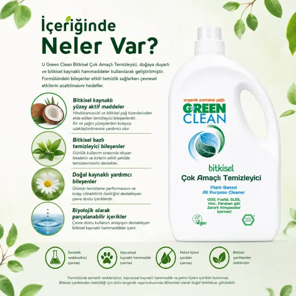 U Green Clean Bitkisel Çok Amaçlı Yüzey Temizleyici 2,75 L içindekiler listesi ve kullanım bilgisi