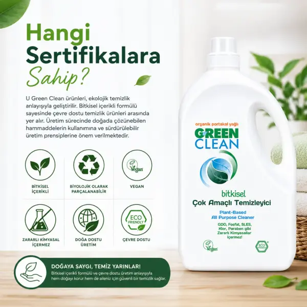 U Green Clean Bitkisel Çok Amaçlı Yüzey Temizleyici 2,75 L sertifika ve içerik bilgisi