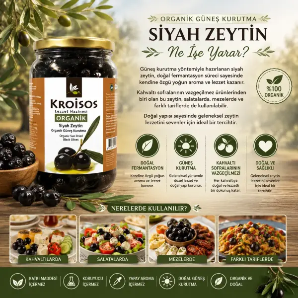 Kroisos Organik Siyah Zeytin Güneşte Kurutma 650 GR ürün görseli
