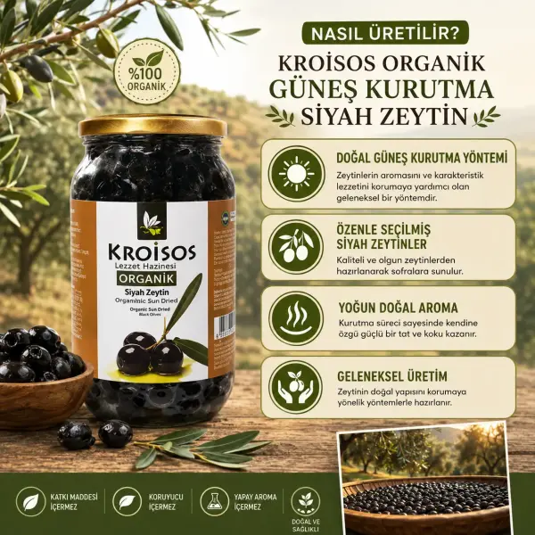 Kroisos Organik Siyah Zeytin Güneşte Kurutma 650 GR ambalaj görseli