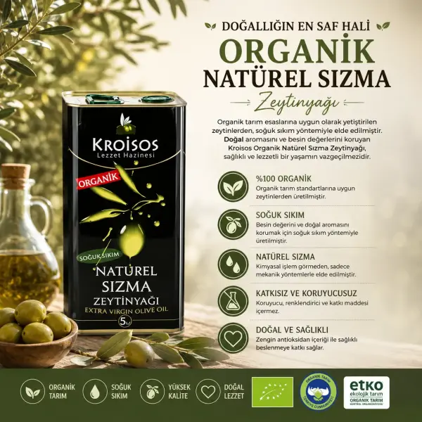 Kroisos Organik Naturel Sızma Zeytinyağı 5 LT içindekiler listesi ve kullanım bilgisi
