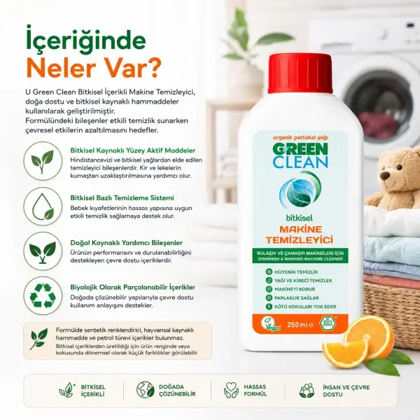 U Green Clean Bitkisel Çamaşır Makinesi Temizleyici Portakal 250 ml içindekiler listesi ve kullanım bilgisi