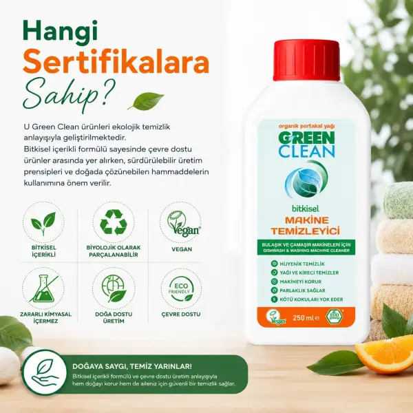 U Green Clean Bitkisel Çamaşır Makinesi Temizleyici Portakal 250 ml sertifika ve içerik bilgisi