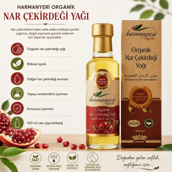 Harmanyeri Organik Nar Çekirdeği Yağı 100 ml içindekiler listesi ve kullanım bilgisi