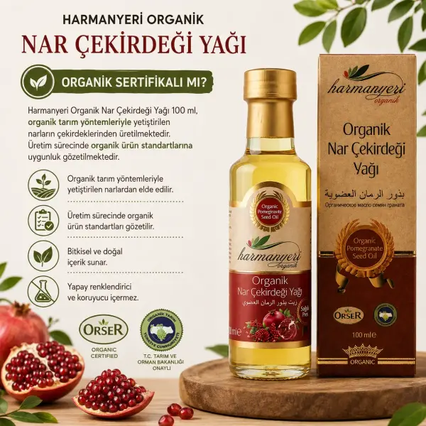 Harmanyeri Organik Nar Çekirdeği Yağı 100 ml sertifika ve içerik bilgisi