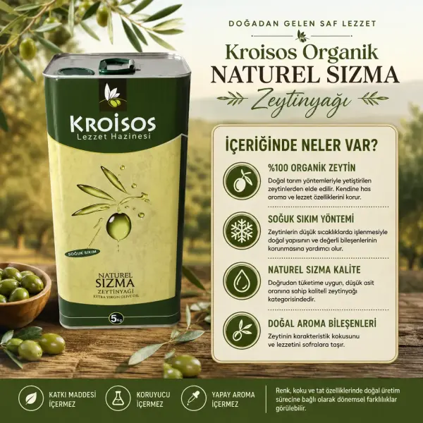 Kroisos Naturel Sızma Zeytinyağı 5 LT içindekiler listesi ve kullanım bilgisi