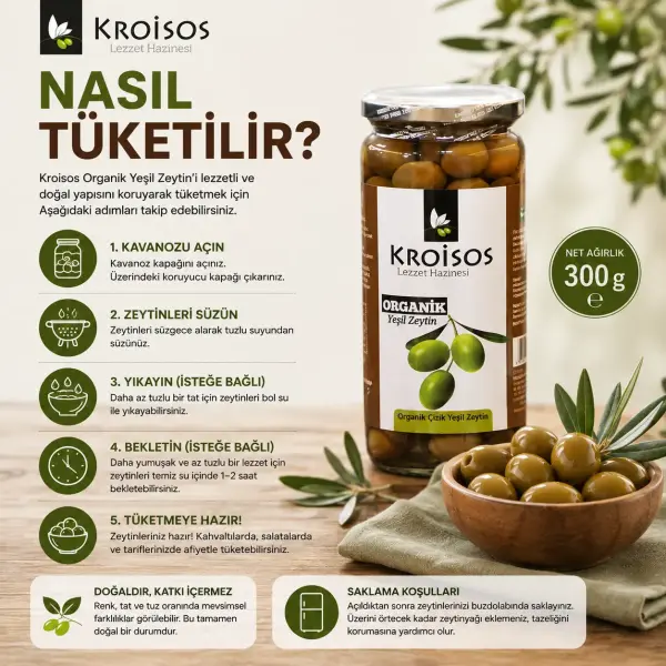 Kroisos Organik Çizik Yeşil Zeytin 300 gr ürün görseli