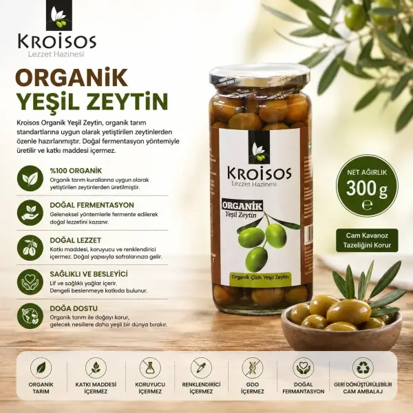 Kroisos Organik Çizik Yeşil Zeytin 300 gr içindekiler listesi ve kullanım bilgisi