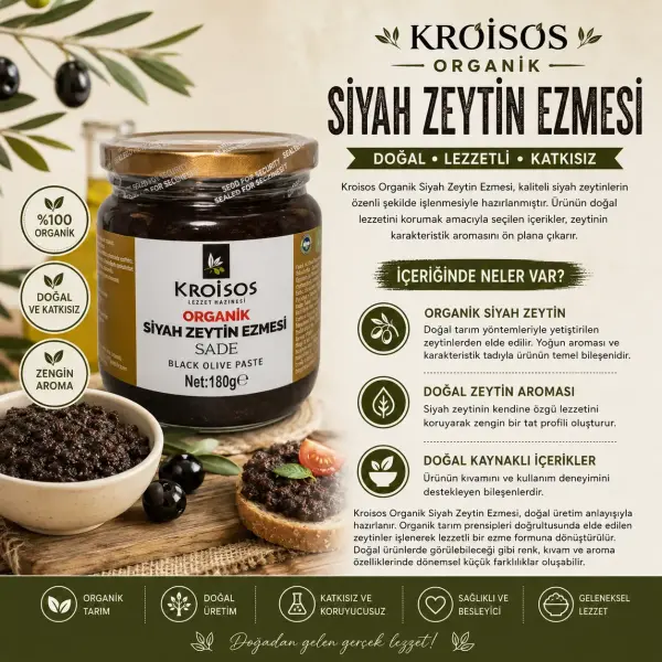 Kroisos Organik Siyah Zeytin Ezmesi 180 GR içindekiler listesi ve kullanım bilgisi