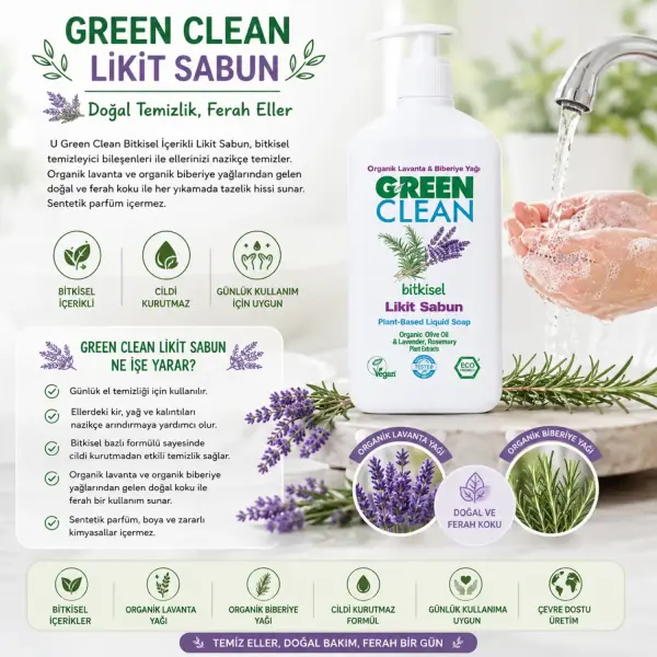 U Green Clean Bitkisel Likit Sabun Organik Lavanta ve Biberiye Yağlı 500 ml ürün görseli