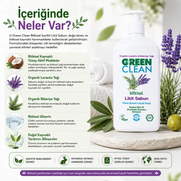 U Green Clean Bitkisel Likit Sabun Organik Lavanta ve Biberiye Yağlı 500 ml içindekiler listesi ve kullanım bilgisi