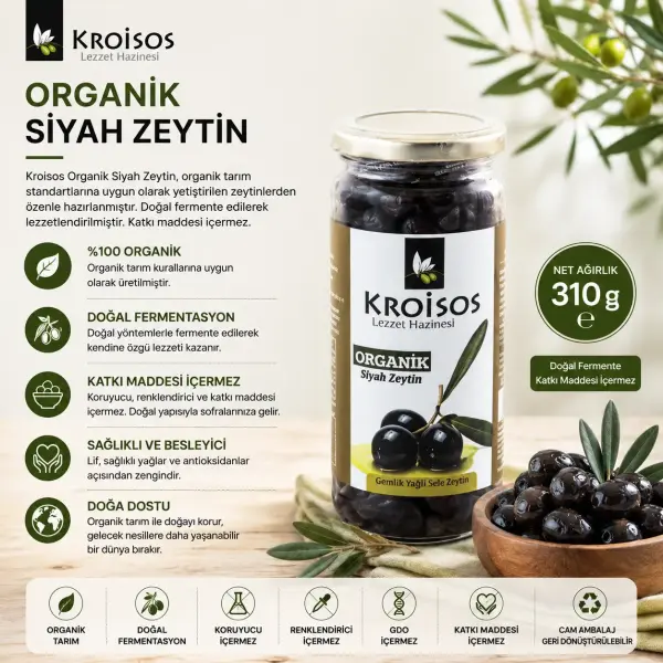 Kroisos Organik Siyah Zeytin Gemlik Yağlı Salamura 310 gr içindekiler listesi ve kullanım bilgisi