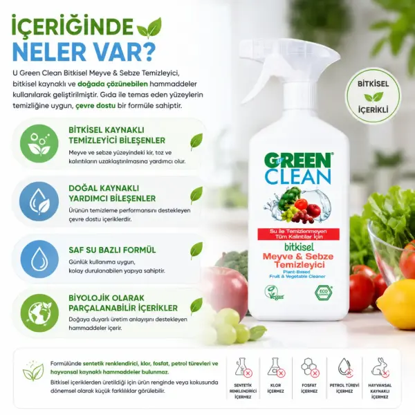 U Green Clean Bitkisel Meyve ve Sebze Temizleyici 500 ml içindekiler listesi ve kullanım bilgisi
