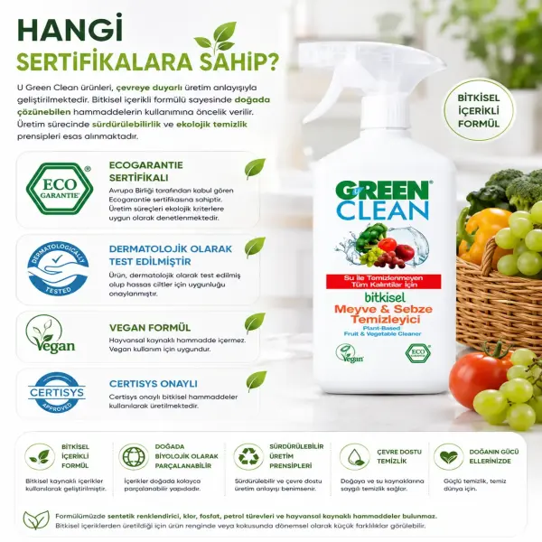 U Green Clean Bitkisel Meyve ve Sebze Temizleyici 500 ml sertifika ve içerik bilgisi