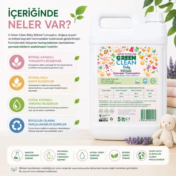 U Green Clean Baby Bitkisel Çamaşır Yumuşatıcı 5 L içindekiler listesi ve kullanım bilgisi