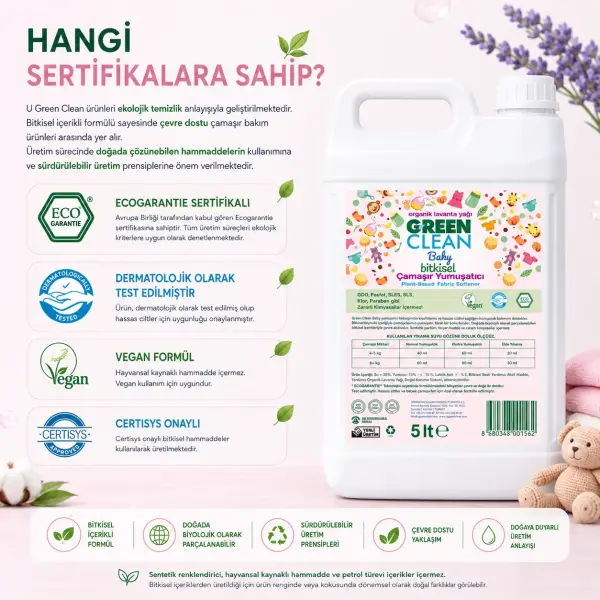 U Green Clean Baby Bitkisel Çamaşır Yumuşatıcı 5 L sertifika ve içerik bilgisi
