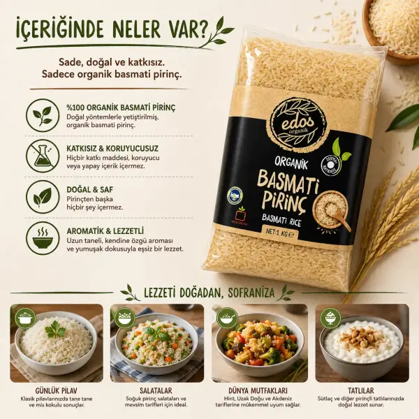 Edos Organik Basmati Pirinç 1 Kg içindekiler listesi ve kullanım bilgisi