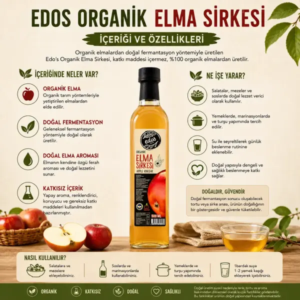 Edos Organik Elma Sirkesi 500 ml içindekiler listesi ve kullanım bilgisi